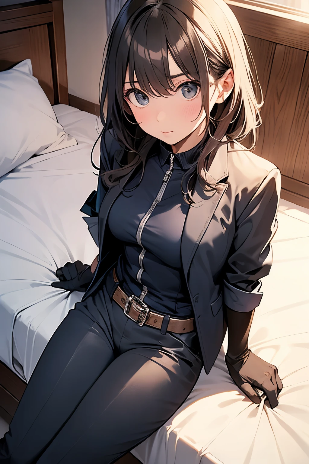 Spender　　　Moderate breasts　 　 　　　　Small face　 　　　holster　　　Beautiful woman　　　　 Lying in bed　Looking up　　　　Sweat 　　　belt　summer　脇Sweat 　Black Hole Gloves　suit　shirt　　Black jacket　 Black trousers　Leg Links　ズボンにbelt　No bra　holster