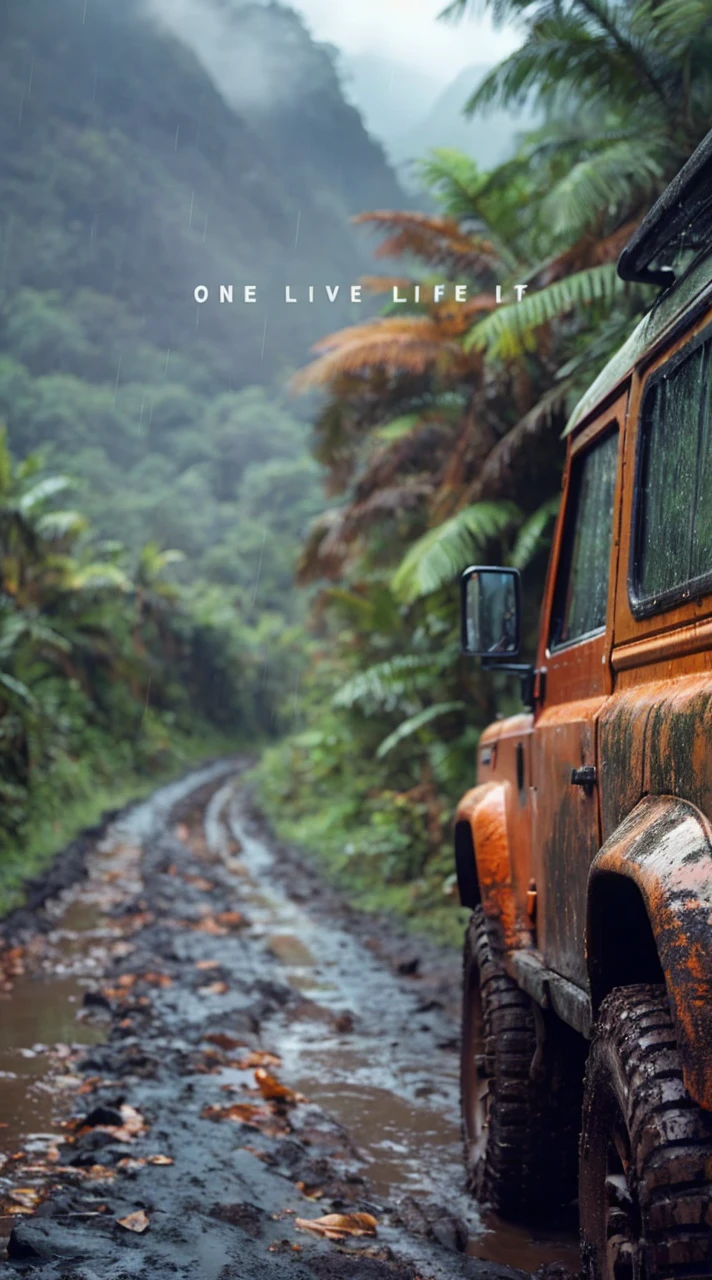 A rugged orange 4x4 vehicle drives through a muddy, rocky path in a lush, green jungle. Rain is falling, and the vehicle is covered in mud. The image is framed by tall trees and mountains in the distance. Write without spelling mistake, The text "ONE LIFE LIVE IT" is superimposed on the image.The mood is adventurous and exciting. The style is realistic and cinematic, with a focus on the vehicle and the natural beauty of the surroundings. The image is shot from a low angle, emphasizing the size and power of the vehicle. The lighting is soft and natural, with a focus on the rain and the lush greenery. The colors are vibrant and saturated, with a focus on the orange of the vehicle and the green of the jungle. The image is rendered in high detail, with a focus on the texture of the mud and the leaves. The background is blurred, drawing the viewer's attention to the vehicle and the path ahead.