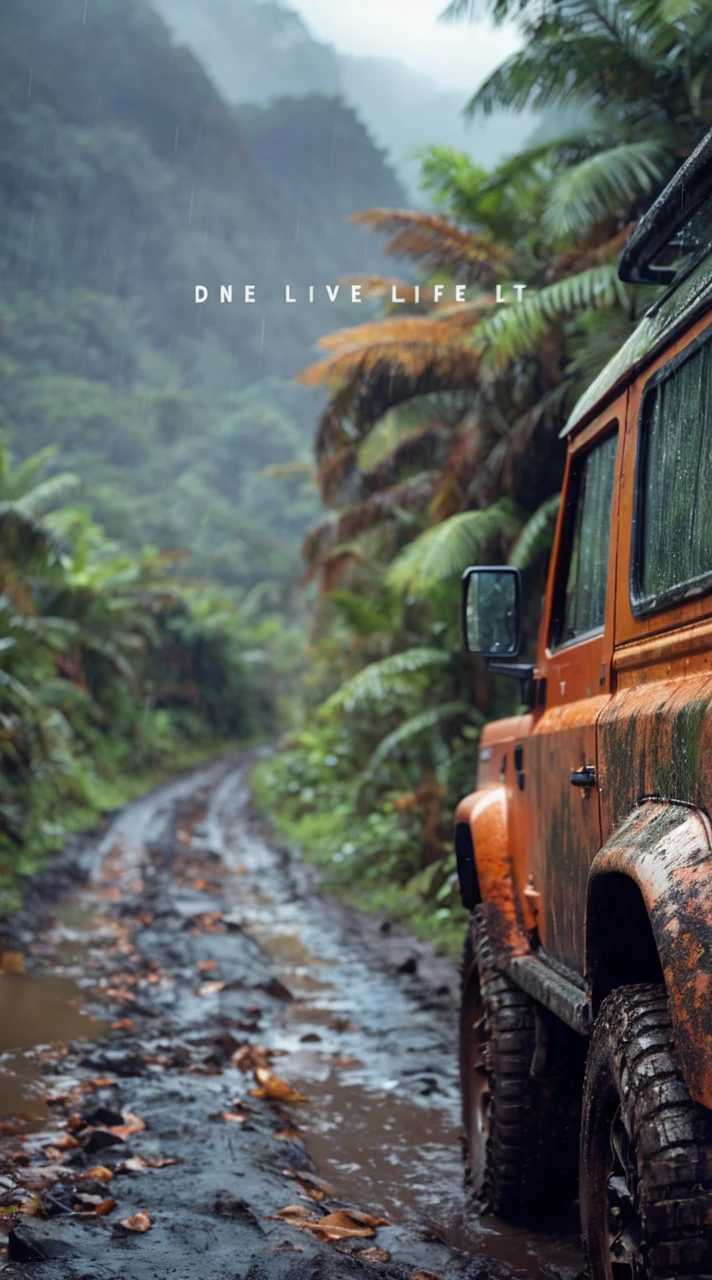 A rugged orange 4x4 vehicle drives through a muddy, rocky path in a lush, green jungle. Rain is falling, and the vehicle is covered in mud. The image is framed by tall trees and mountains in the distance. Write without spelling mistake, The text "ONE LIFE LIVE IT" is superimposed on the image.The mood is adventurous and exciting. The style is realistic and cinematic, with a focus on the vehicle and the natural beauty of the surroundings. The image is shot from a low angle, emphasizing the size and power of the vehicle. The lighting is soft and natural, with a focus on the rain and the lush greenery. The colors are vibrant and saturated, with a focus on the orange of the vehicle and the green of the jungle. The image is rendered in high detail, with a focus on the texture of the mud and the leaves. The background is blurred, drawing the viewer's attention to the vehicle and the path ahead.