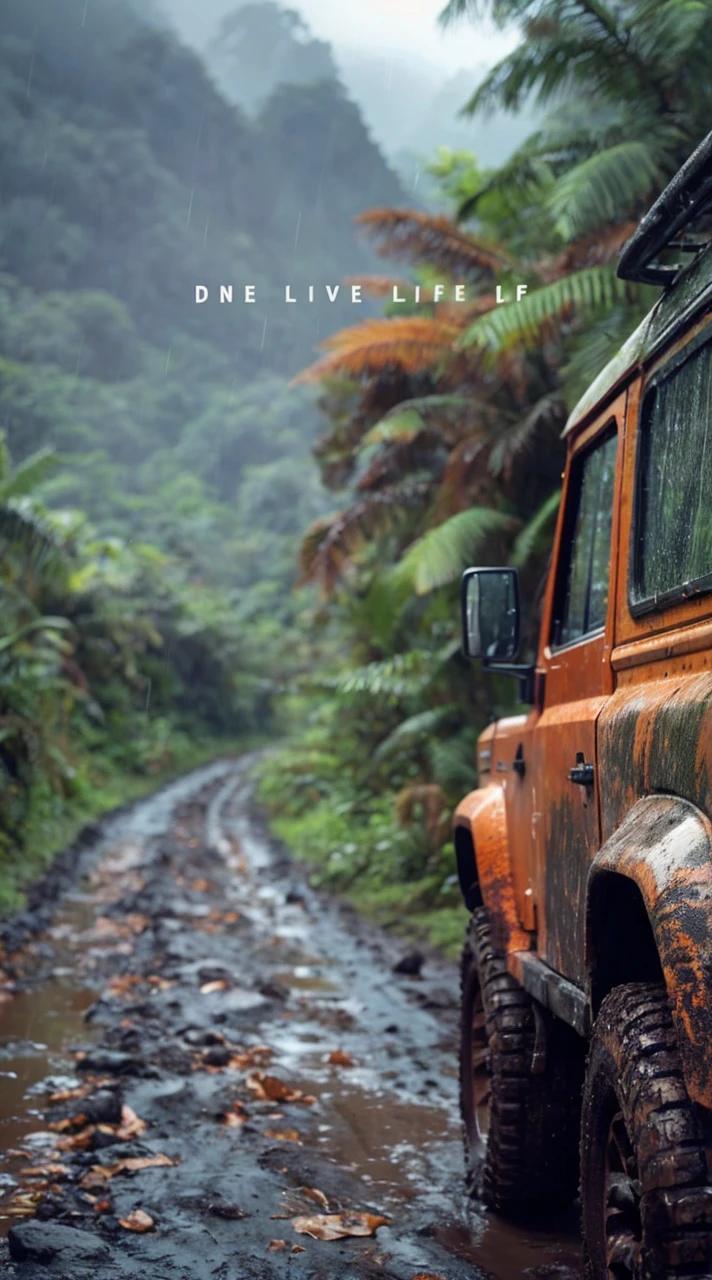 A rugged orange 4x4 vehicle drives through a muddy, rocky path in a lush, green jungle. Rain is falling, and the vehicle is covered in mud. The image is framed by tall trees and mountains in the distance. Write without spelling mistake, The text "ONE LIFE LIVE IT" is superimposed on the image.The mood is adventurous and exciting. The style is realistic and cinematic, with a focus on the vehicle and the natural beauty of the surroundings. The image is shot from a low angle, emphasizing the size and power of the vehicle. The lighting is soft and natural, with a focus on the rain and the lush greenery. The colors are vibrant and saturated, with a focus on the orange of the vehicle and the green of the jungle. The image is rendered in high detail, with a focus on the texture of the mud and the leaves. The background is blurred, drawing the viewer's attention to the vehicle and the path ahead.