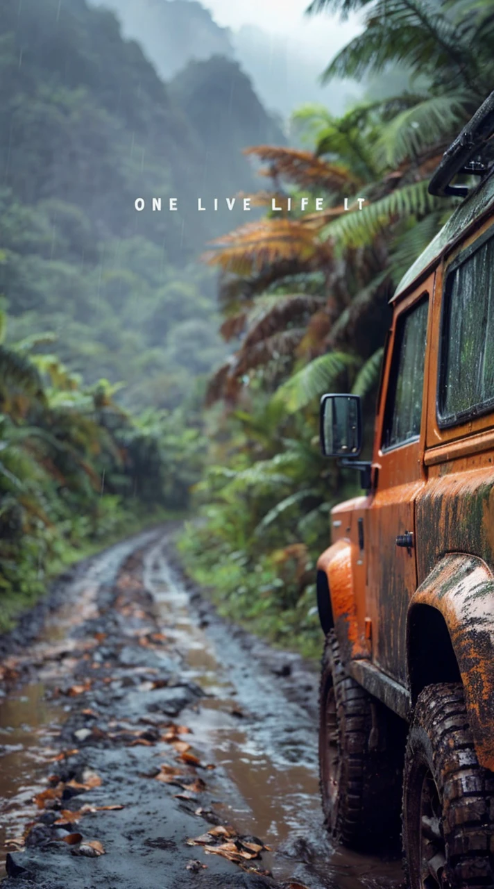 A rugged orange 4x4 vehicle drives through a muddy, rocky path in a lush, green jungle. Rain is falling, and the vehicle is covered in mud. The image is framed by tall trees and mountains in the distance. Write without spelling mistake, The text "ONE LIFE LIVE IT" is superimposed on the image.The mood is adventurous and exciting. The style is realistic and cinematic, with a focus on the vehicle and the natural beauty of the surroundings. The image is shot from a low angle, emphasizing the size and power of the vehicle. The lighting is soft and natural, with a focus on the rain and the lush greenery. The colors are vibrant and saturated, with a focus on the orange of the vehicle and the green of the jungle. The image is rendered in high detail, with a focus on the texture of the mud and the leaves. The background is blurred, drawing the viewer's attention to the vehicle and the path ahead.