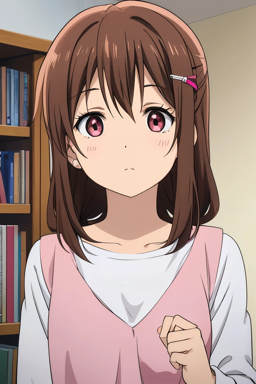 chocolate brown hair, wears a hearing aid, has brown eyes, is wearing normal clothes pink.