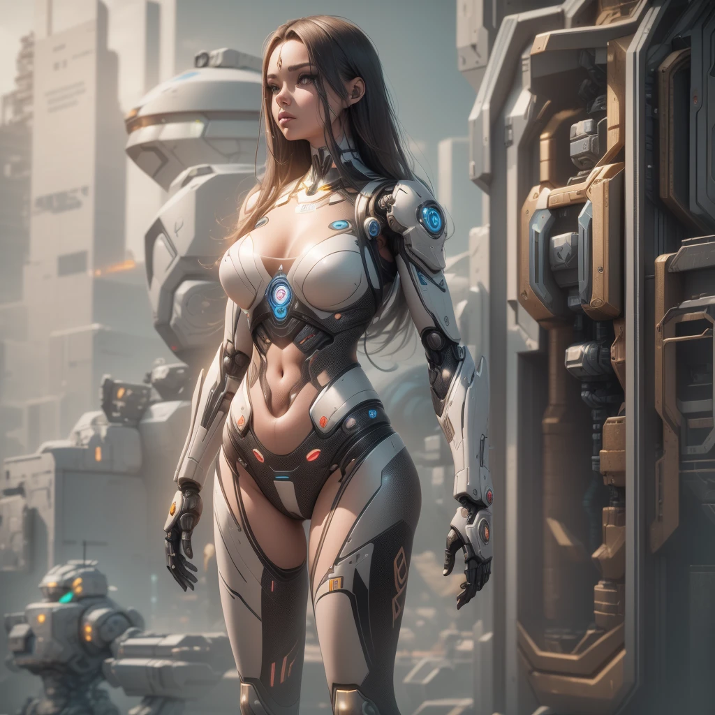 , cyborg Girl, full body picture,thin micro bikini, robot implant arms, robot implant legs, circuit implants in belly,,beautyful face, beautyful body, perfect anatomy, long  haired,sharp picture, high quality, ultrarealistic, 3D, bigital illustration, CGI,