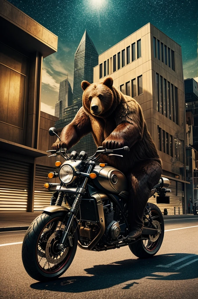 Create an image of a robust bear riding a classic motorcycle. The bear should be dressed in a leather vest and wearing motorcycle goggles. The motorcycle should have a detailed design with angular shapes and prominent wheels. The entire scene should be in a cubist style, with geometric abstract forms and multiple perspectives. Use vibrant and contrasting colors, including earthy and metallic tones. The background should feature an abstract urban landscape with buildings and roads depicted in geometric forms. The lighting should be dynamic, with strong shadows and highlights
