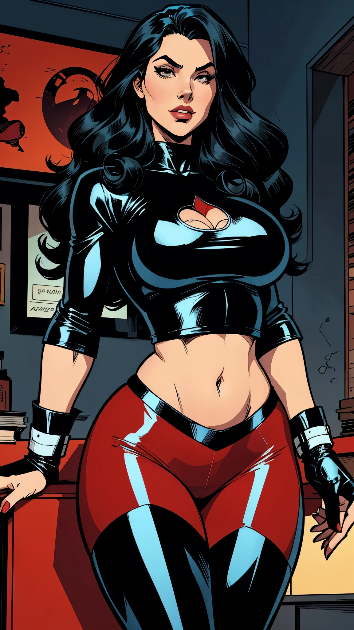  woman, long curly black hair, leather black pants, red corse. Busty. Big hip. Comic style. Graphic novel style