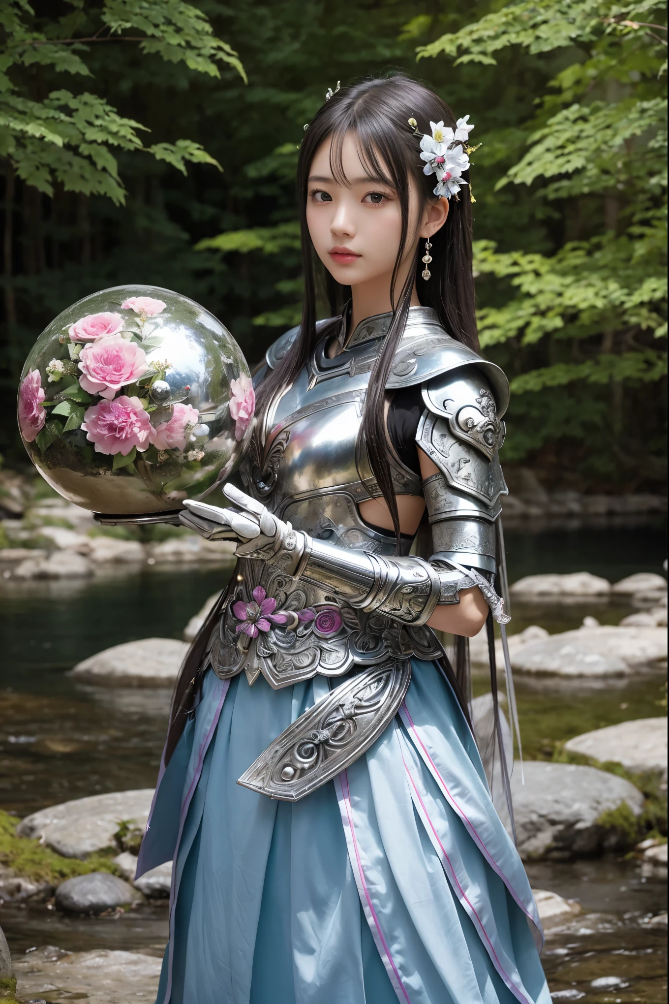 A striking realistic photo of a beautiful Japanese warrior woman in vibrant silver armor and decorated with fresh flowers. The armor is a mix of metal and organic elements, with flower petals intertwined in the design. She creates a magnificent swirling sphere by hand, swirling with her magical abilities. Night scene, fantastical, mystical, forest, river, nature, majestic, a perfect balance of light and shadow. High quality, high resolution, 32k.