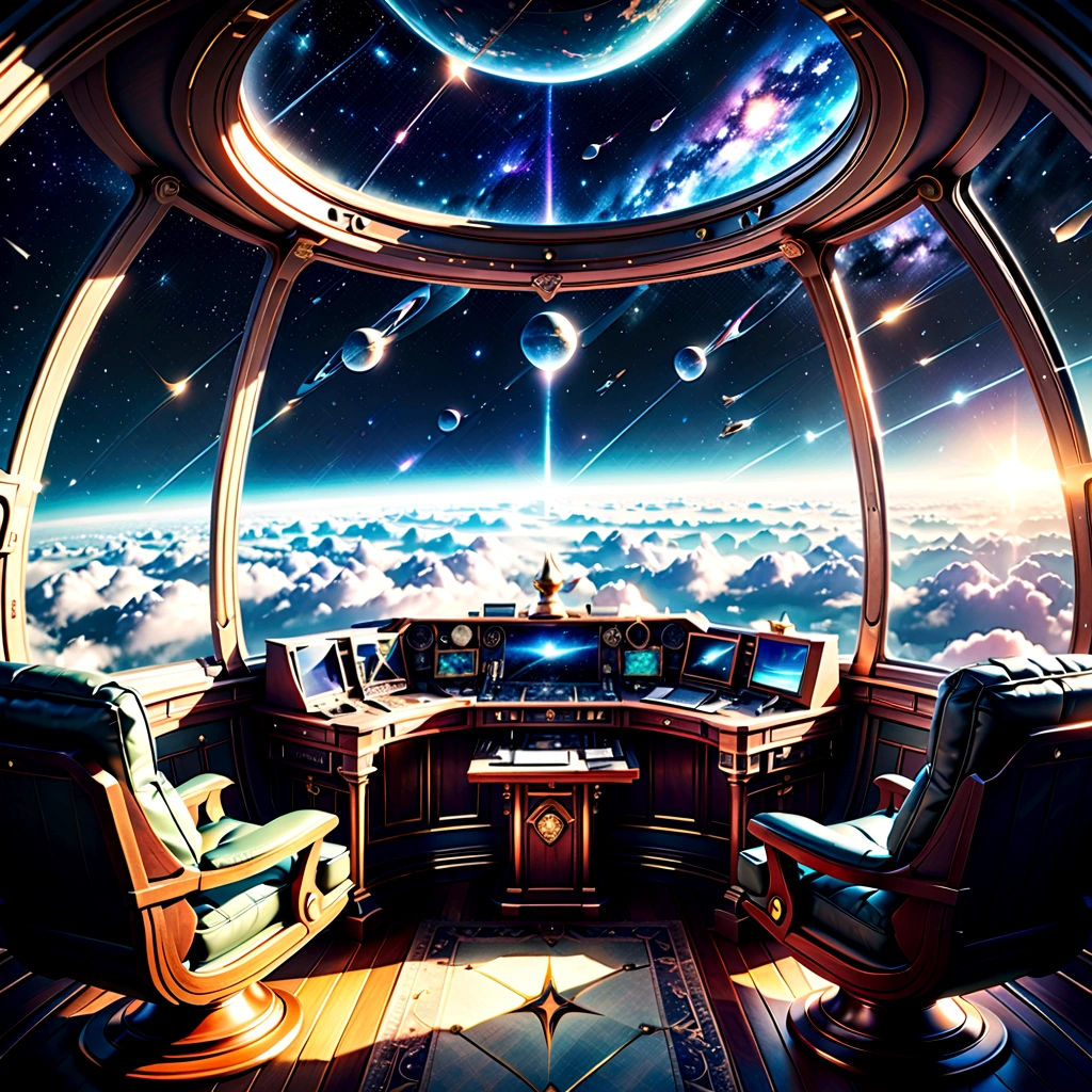 Spectacular views of the galaxy from an airship cabin, (Ultra-high resolution,8K),Fantasy, The world of picture books