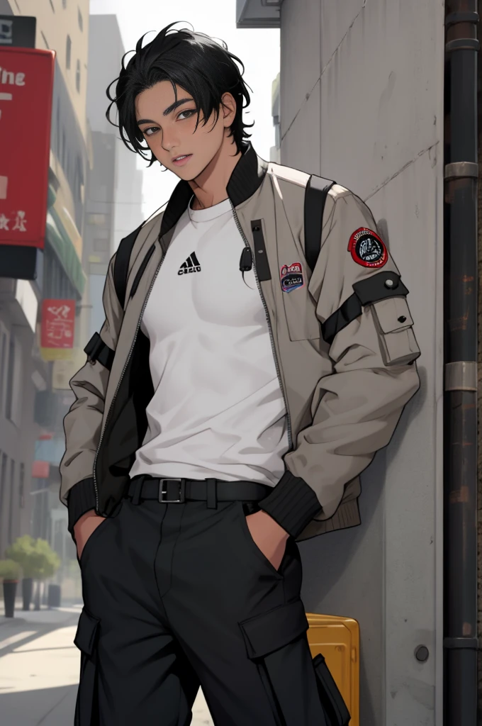 adolescent, naughty man, black hair, gray eyes, wearing a white jersey jacket, black cargo pants