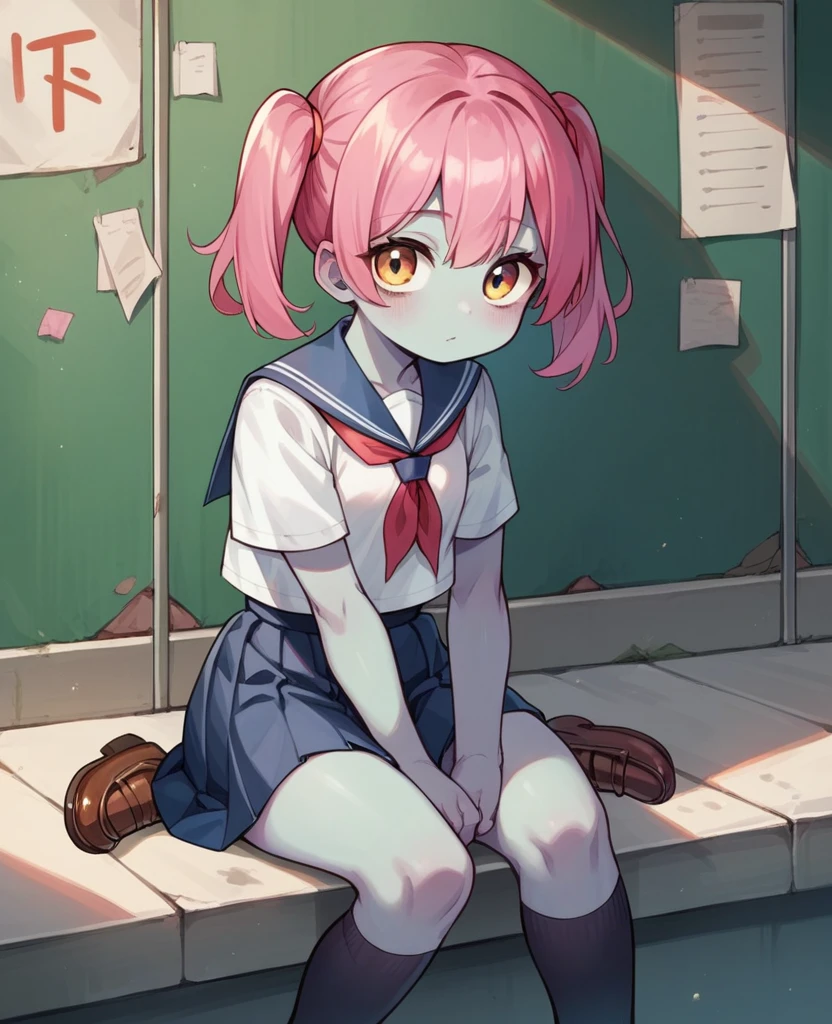 (zombie),li,kneehighs,loafers,sailor,sitting,skirt,cute,pink hair