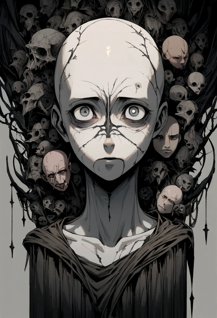 human bandit, There's a dagger between the teeth. bald, Deep eyes, Hooked nose, Worn clothes,The colors are dark brown and soft gray. Skinny, Maybe there was a look of despair in his eyes..Full body portrait
