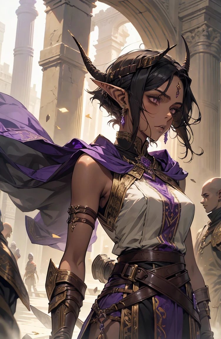 brown skin, older woman, sexy, tall, brown skin, one wing, black hair, elf, elf ears, horns, sleeveless, warrior, sword, purple, dramatic composition