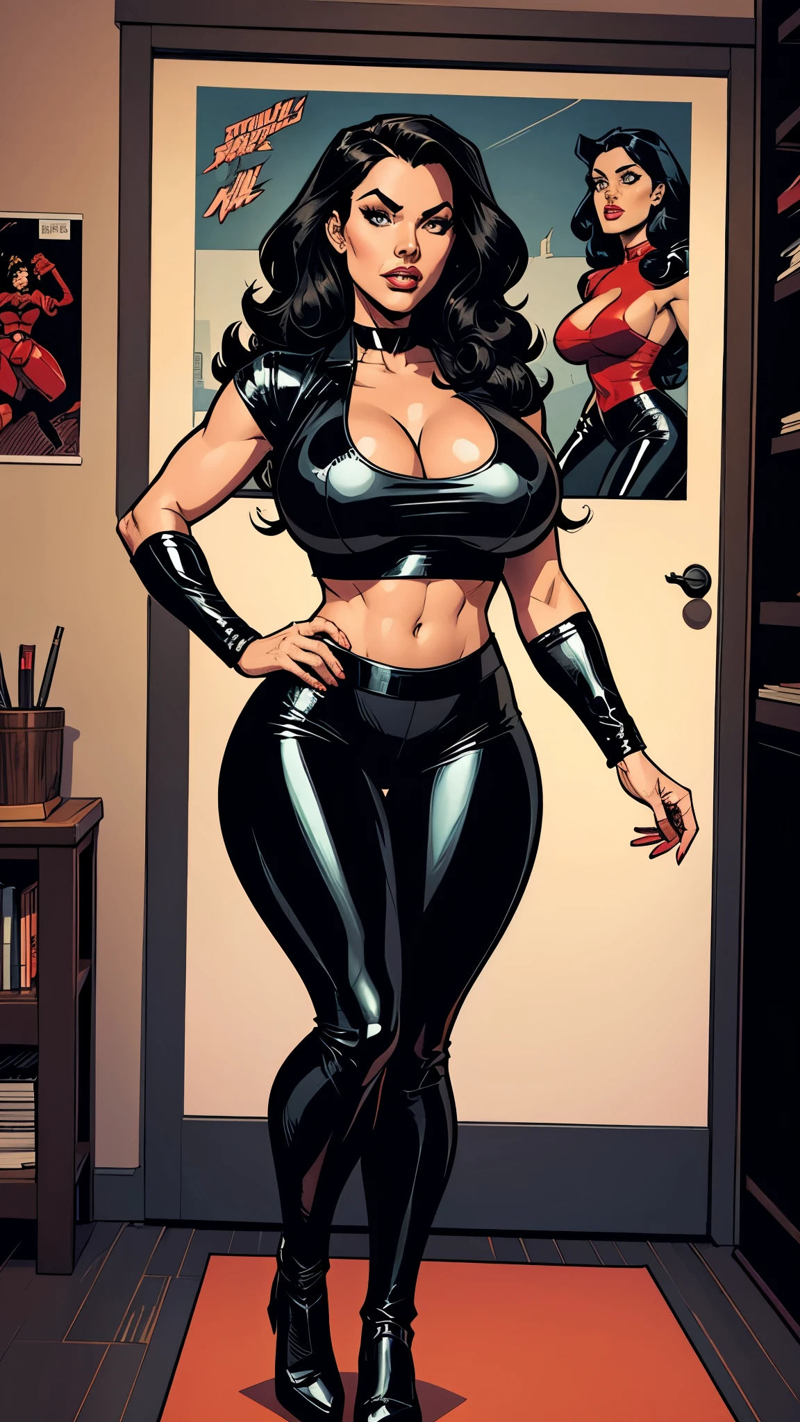 woman, long curly black hair, leather black pants, red corse. Busty. Big hip. Comic style. Graphic novel style