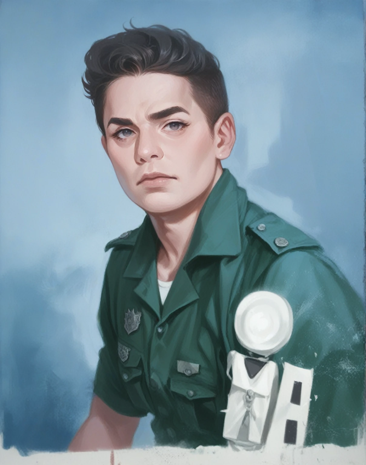 a military police officer, in a dark green uniform, photo restoration, color photo, realisitc