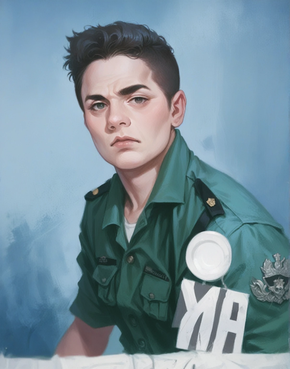 a military police officer, in a dark green uniform, photo restoration, color photo, realisitc