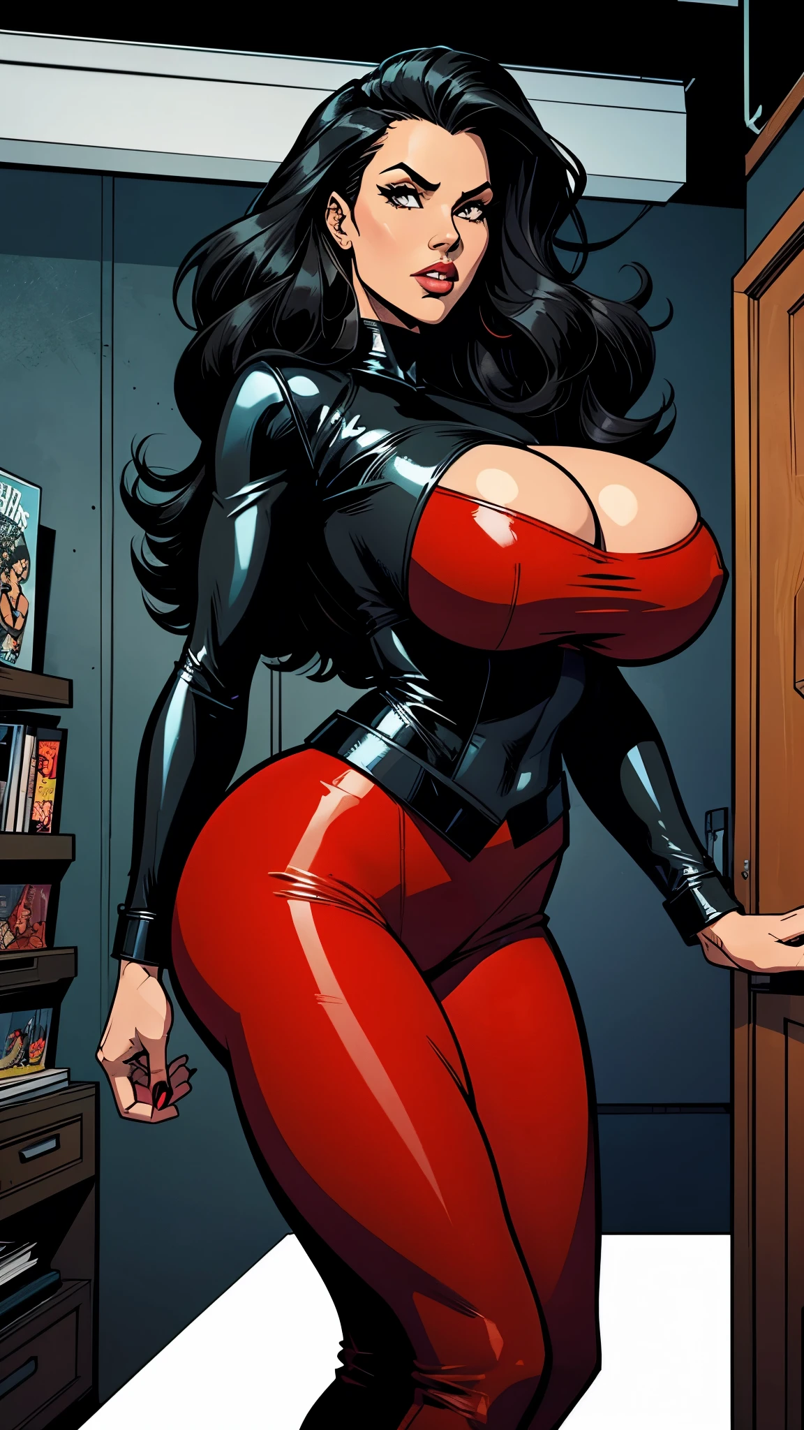  woman, long curly black hair, leather black pants, red corse. Busty. Big hip. Comic style. Graphic novel style