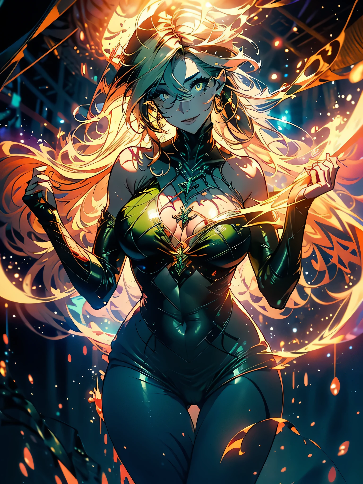 A naked girl with her entire body covered in plants, leaves and vines, plants and vines all over her body, Poison Ivy, medium breasts, long hair, sincere smile, imposing pose, yellow eyes, sculptural and curvy body, full body, BREAK, background forest with vines descending from forest trees, nature, field of vineyards, (ultra-realistic), {extremely detailed 8k CG unity wallpaper}, Expansive landscape photography, (a view from below that prioritizes the grandeur of the character, view expansive open field), (low angle shot), (high light: 1.5), (low light: 1.0), (warm light source: 1.0), complex details, (iridescent colors: 1 ,5), (bright lighting), (atmospheric lighting), dreamy, magical, special