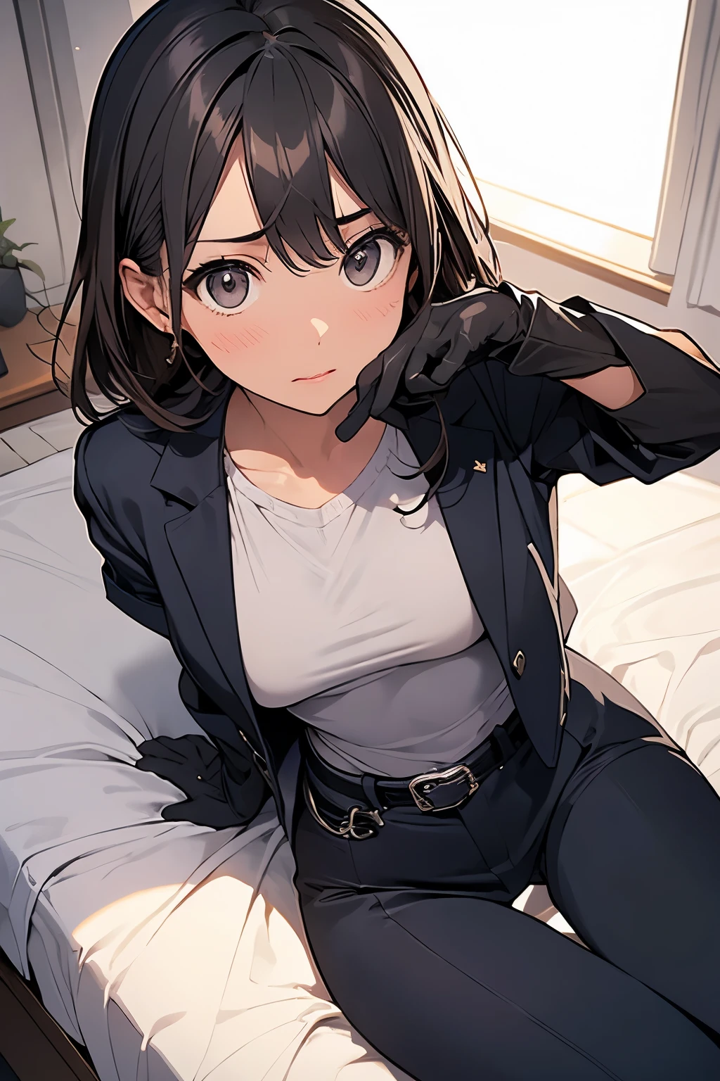 Spender Moderate breasts Small face holster Beautiful woman Lying in bed Looking up Sweat belt summer 脇Sweat Black Hole Gloves suit shirt Black jacket Black trousers Leg Links ズボンにbelt No bra holster Nipples show through the top of clothes