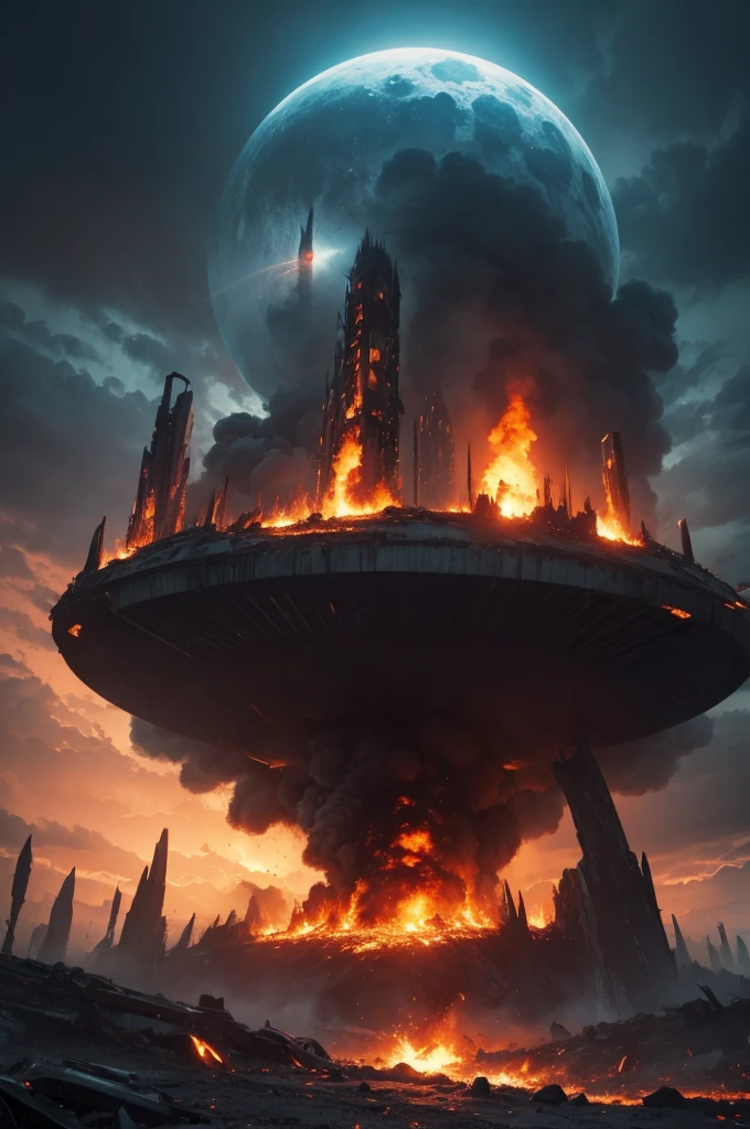 futuristic landscape, apocalypse, fire, explosion, zombie