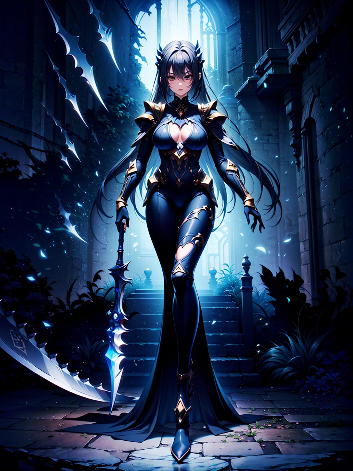(((masterpiece, best quality, high detailed, 8k))) Design a layout showcase Gaming character, (1girl). Black|Gold clothes, stylish and unique. ((showcase weapon:1.4)), dark scythe. (masterpiece:1.2), (best quality), 4k, ultra-detailed. (Step by step design, layout art:1.5), (luminous lighting, atmospheric lighting). necromancer, ((glove full hands)), (((revealing clothes:1.3))), vambraces, armored legwear, (((full_body_shot:1.4))). {In a haunted graveyard}.