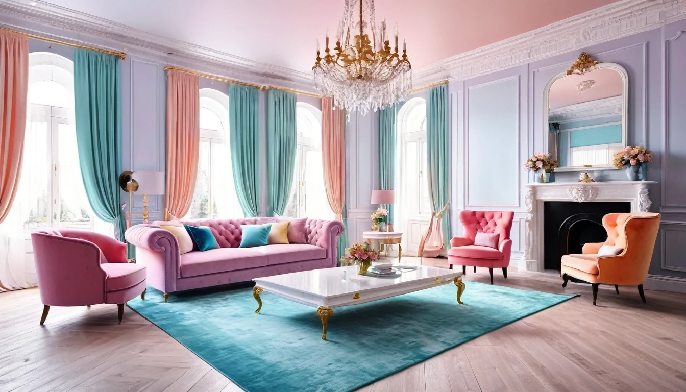 interior, living room in a luxury Victorian architectural style, clean modern design featuring pastel color scheme, beautiful light. Ultra realistic photo, vibrant colors, 8k