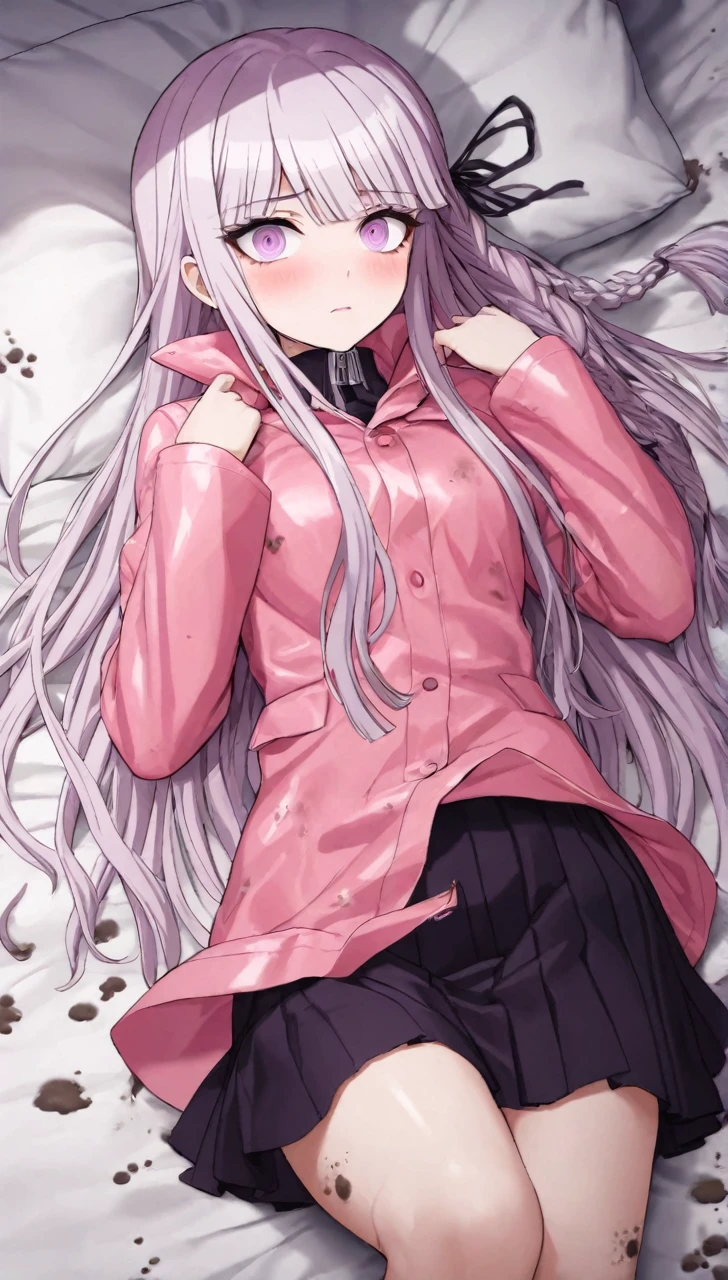 a beautiful girl with long light purple hair wearing a shiny pink raincoat, laying on a bed with white sheets and pillows, looking up at the viewer with an embarrassed and shy expression, her clothes are dripping and splattered with mud, detailed eyes, black pleated skirt, perfect anatomy, kyouko kirigiri, long hair with bangs, ribbon, purple eyes, single braid