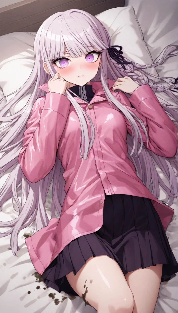 a beautiful girl with long light purple hair wearing a shiny pink raincoat, laying on a bed with white sheets and pillows, looking up at the viewer with an embarrassed and shy expression, her clothes are dripping and splattered with mud, detailed eyes, black pleated skirt, perfect anatomy, kyouko kirigiri, long hair with bangs, ribbon, purple eyes, single braid