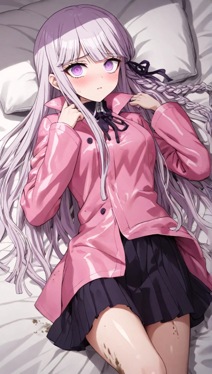 a beautiful girl with long light purple hair wearing a shiny pink raincoat, laying on a bed with white sheets and pillows, looking up at the viewer with an embarrassed and shy expression, her clothes are dripping and splattered with mud, detailed eyes, black pleated skirt, perfect anatomy, kyouko kirigiri, long hair with bangs, ribbon, purple eyes, single braid