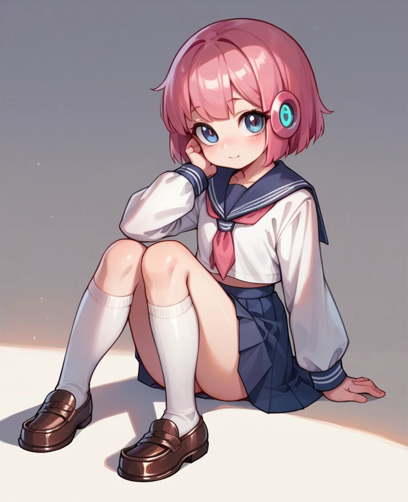 (robot girl),loli,kneehighs,loafers,sailor,sitting,skirt,cute,pink hair