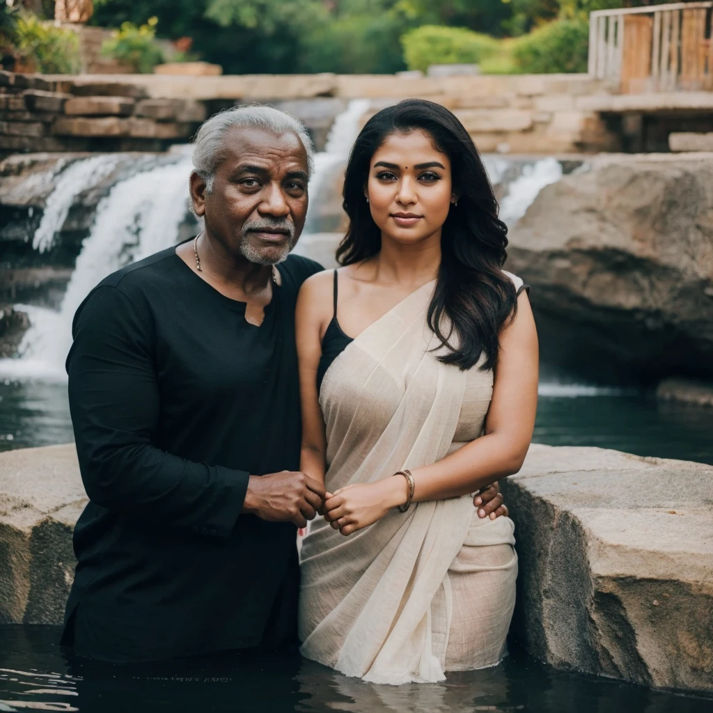 A Indian old man and girl in the water fall stone, standing pose, detailed,black Oldman, beautiful girl, couple pose, realistic, high quality, couples, romantic waist gripping pose, Indian actress,HD,1080, saree bikini ,romantic, black old man, beautiful picture, detailed, ultra HD, black old man,huge breasts, high quality,fat old man,Sexy girl, white girl with black old man, Looking at viewers, chubby,