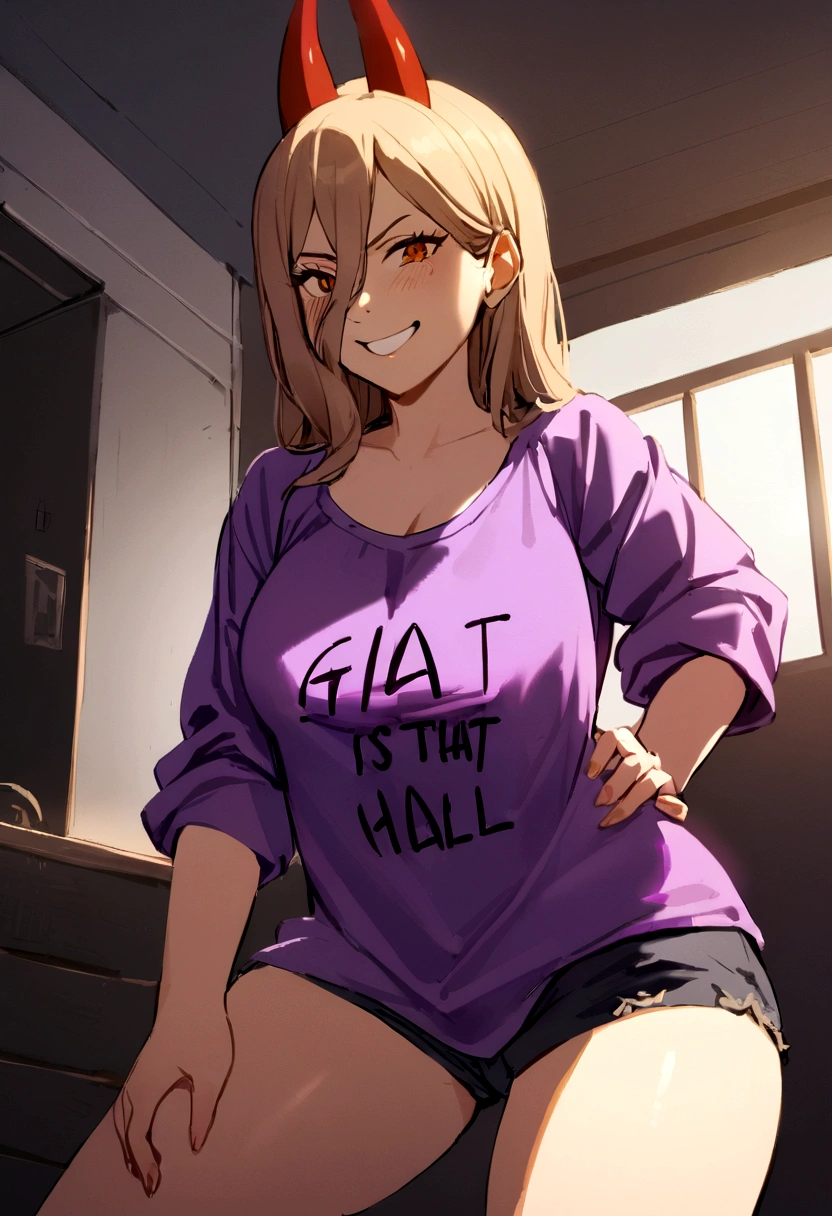 
1 girl,glad, Grinning, wearing a shirt ,big purple ,that borders the thigh , text is written on the shirt: Harl, with a bold look.