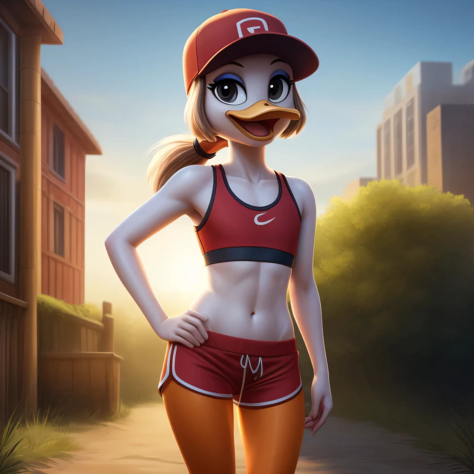 photorealism, adult female duck, Scarlett Duck, detailed background, outside, eyeshadow, cartoon duck beak, long white ponytail hair, cartoon, (flat chested), (orange legs: 1.5), smiling, happy, ducktales 2017, mouth closed, cartoon webbed feet, solo 1.2
wear red sports bra, red shorts, intricate, detailed, wears red cap hat
simple black eyes, detailed, intricate, skinny torso 1.3, (showing her torso)
Best quality, (detailed white skin:1.4), (looking at the viewer), 8k hd, (soft cinematic light:1.1) ,