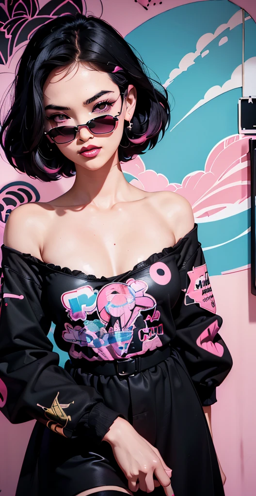 ((Lisa Black Pink)) in a dress standing in front of simple background, up close, ((Art style by Patrick Nagel)), ((8k, wallpaper, detailed)), dark sunglasses, korean pop-star, big smile, black hair, pretty hands, fringe, simple red background, palm trees, (graffiti wall:1.2), strong, courageous, art by Patrick Nagel, album art cover