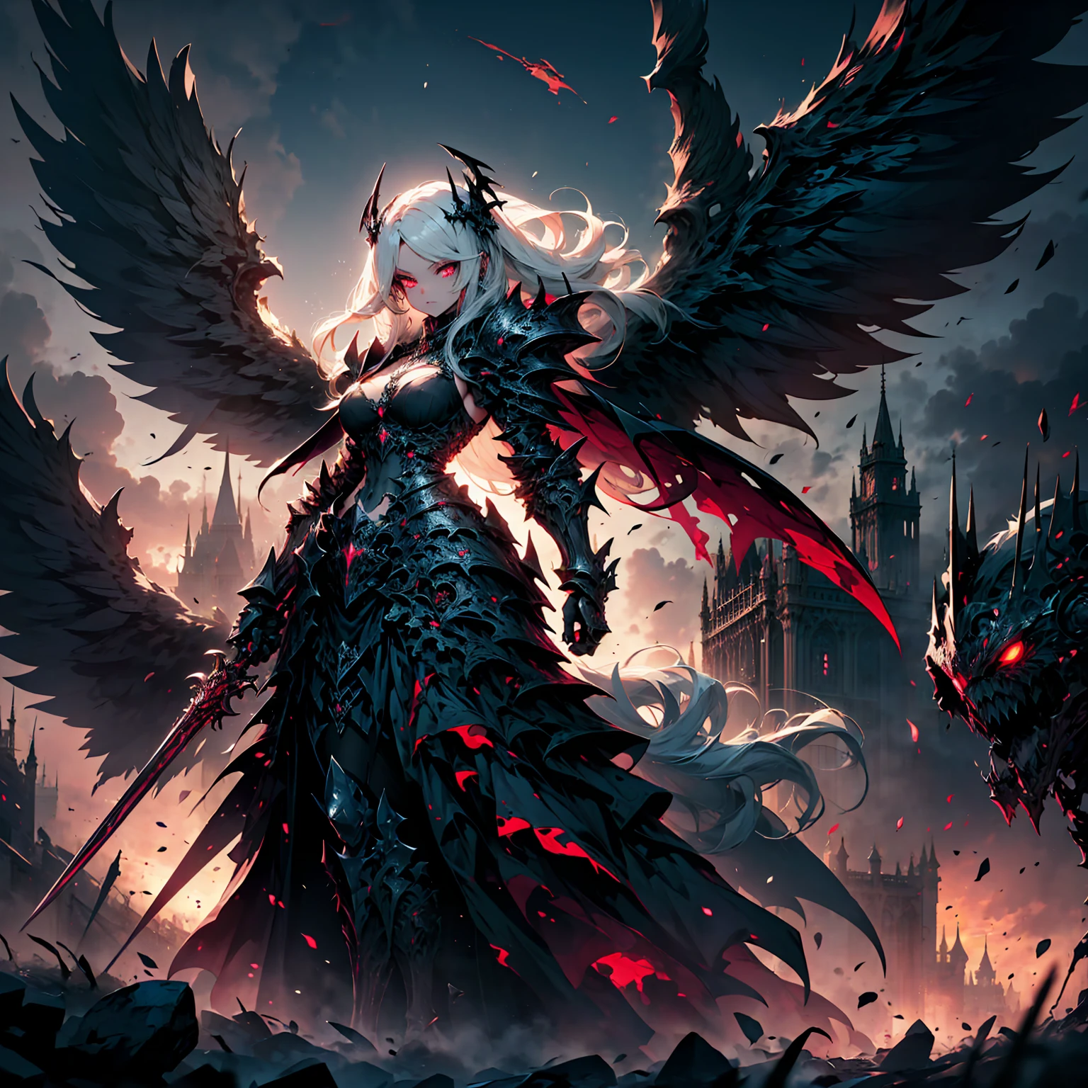 queen power armor , (gothic style), full body view , bellybutton, The most beautiful and sexy demon goddess, long white hair, glowing red eyes, wearing detailed black gothic battle armor, black angel wings, tattoos and piercings, gothic castle, perfect masterpiece, high quality, high resolution



