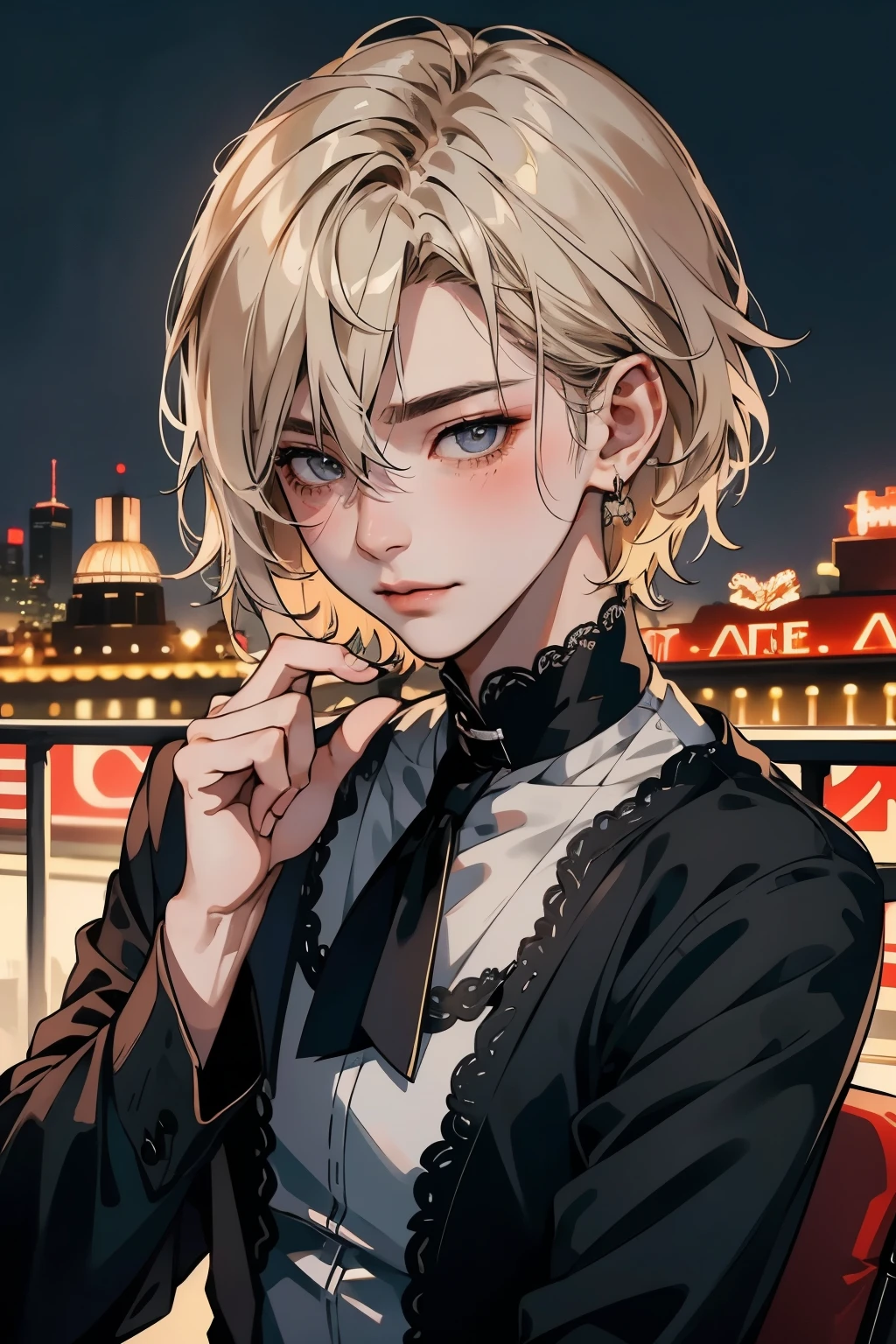 Ferris wheel、Cafe、Stylish restaurant、amusement park、一人のmale性、male、gentleman、Blushing、Laugh shyly、(美しいmale性)、Blonde、Medium Hair、White shirt、blush with embarrassment、Dreamy eyes、A smile that captivates the viewer、Take a look at the photographer、Staring at the audience、,Proper body balance,Intricate details,Very delicate and beautiful hair,Photo Real,dream-like,Professional Lighting,Realistic Shadows,Focus Only,Beautiful Hands,Beautiful fingers,Detailed finger features,Detailed clothing features,Detailed hair features,Detailed facial features,(Tabletop,Highest quality,Ultra-high resolution output images,) ,(8K quality,),(Picture Mode Ultra HD,) --no red