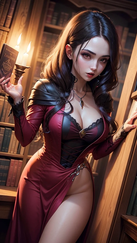 A female vampire is in the magic library.