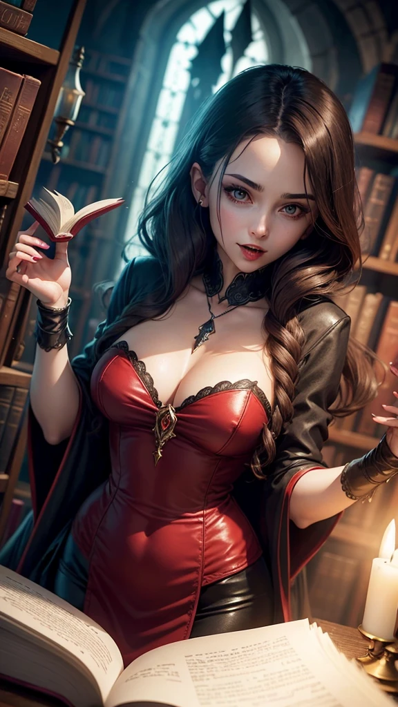 A female vampire is in the magic library.