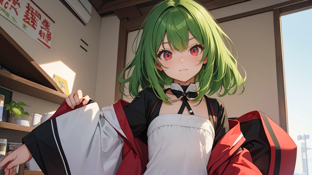 ((-yeld gi)), green_hair,Red eyes,green白い肌,skinny,flat_chest,middle hair , 