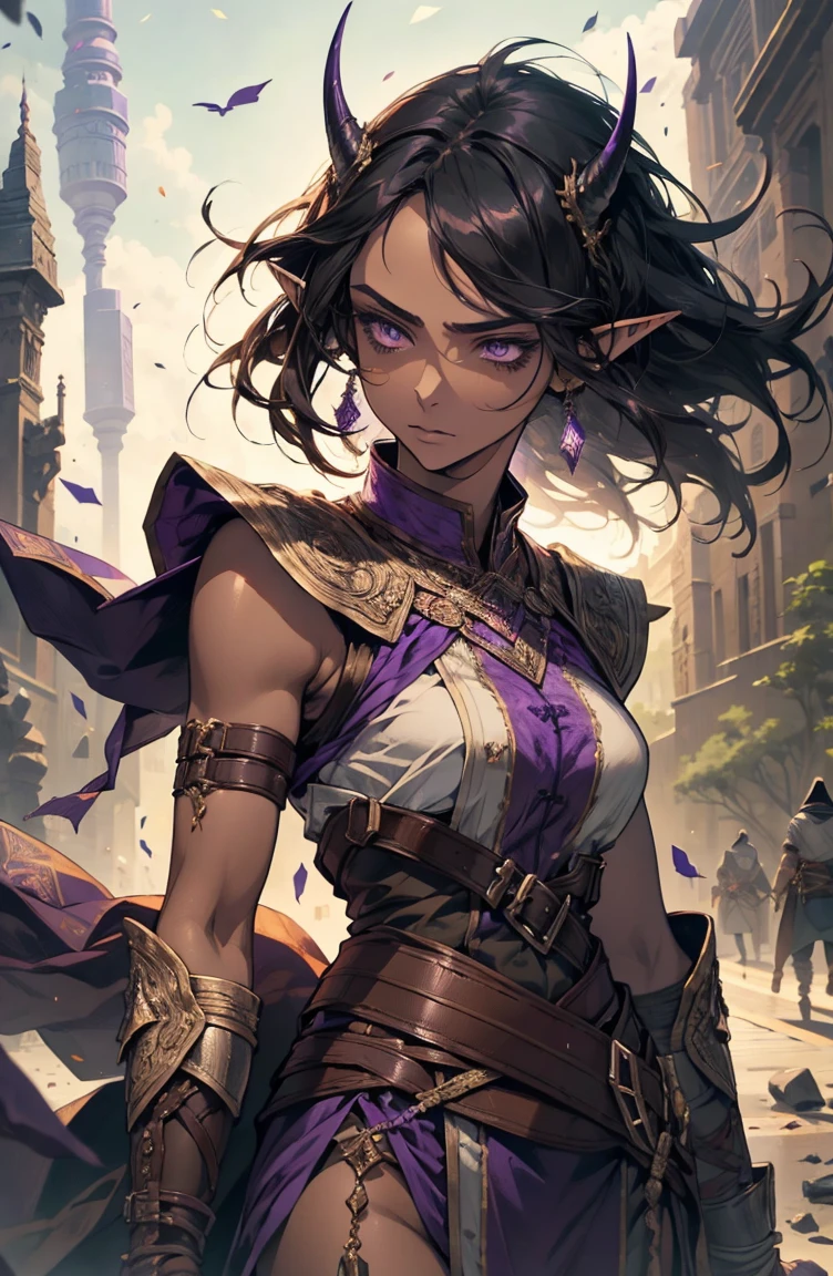 brown skin, older woman, sexy, tall, brown skin, one wing, black hair, elf, elf ears, horns, sleeveless, warrior, sword, purple, dramatic composition