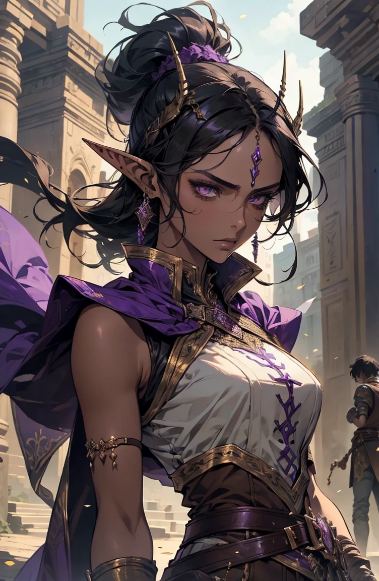 brown skin, older woman, sexy, tall, brown skin, one wing, black hair, elf, elf ears, horns, sleeveless, warrior, sword, purple, dramatic composition