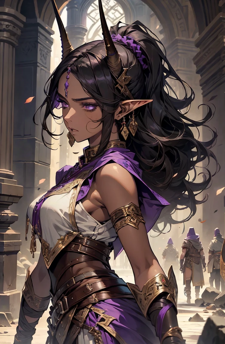 brown skin, older woman, sexy, tall, brown skin, one wing, black hair, elf, elf ears, horns, sleeveless, warrior, sword, purple, dramatic composition