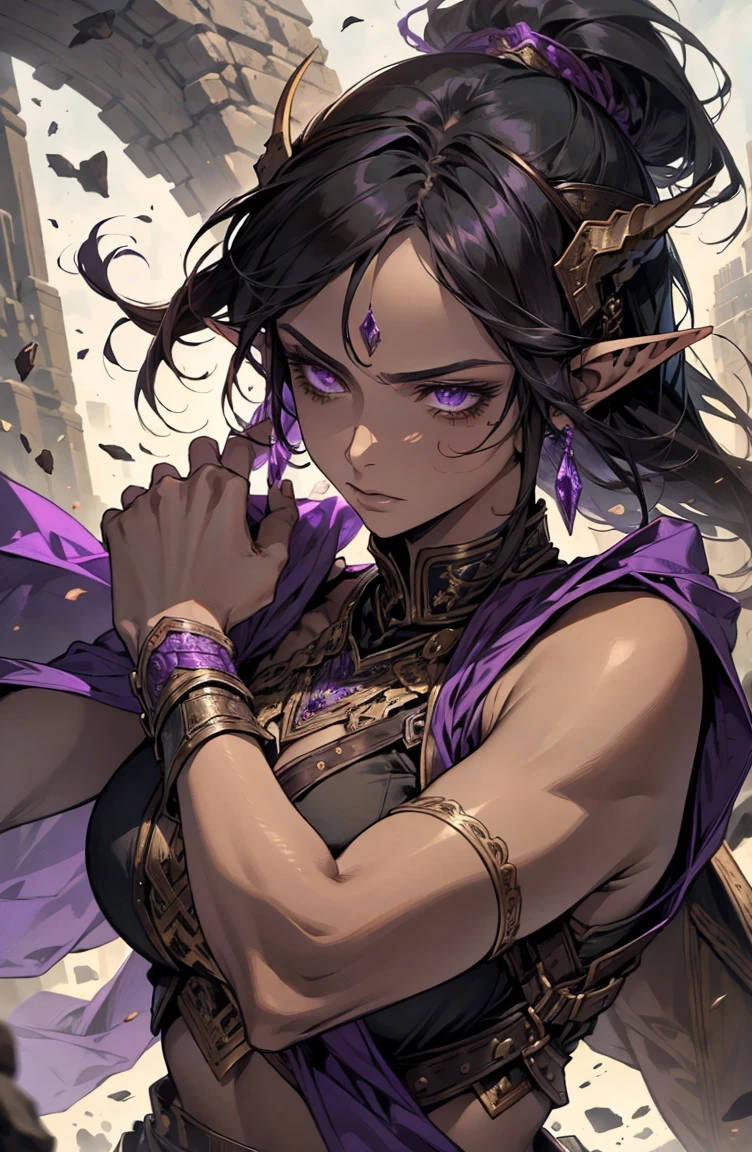 brown skin, older woman, sexy, tall, brown skin, one wing, black hair, elf, elf ears, horns, sleeveless, warrior, sword, purple, dramatic composition