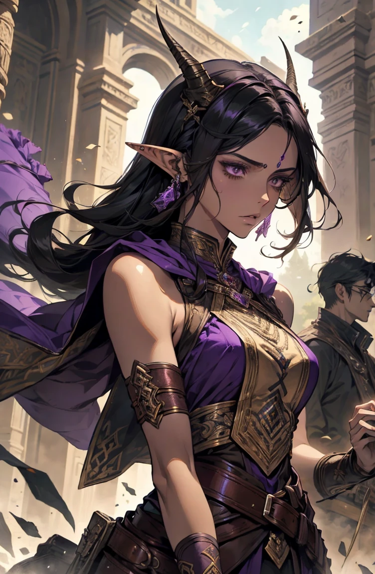 brown skin, older woman, sexy, tall, brown skin, one wing, black hair, elf, elf ears, horns, sleeveless, warrior, sword, purple, dramatic composition