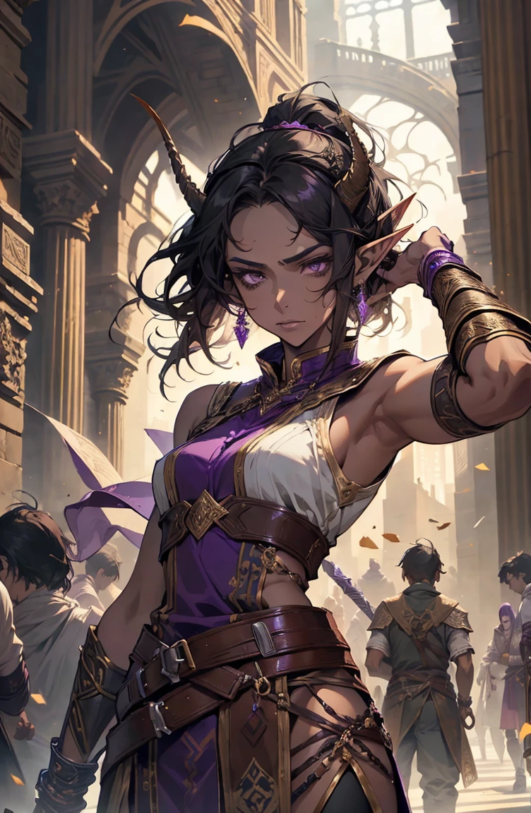brown skin, older woman, sexy, tall, brown skin, one wing, black hair, elf, elf ears, horns, sleeveless, warrior, sword, purple, dramatic composition