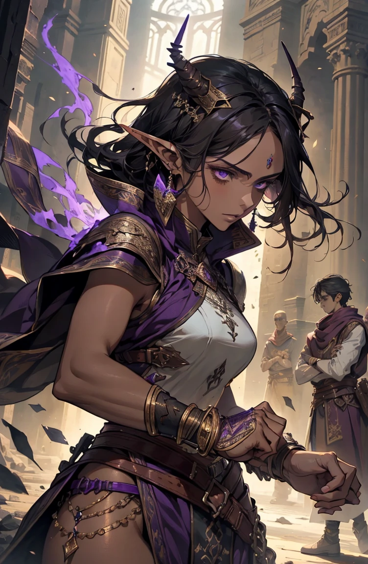 brown skin, older woman, sexy, tall, brown skin, one wing, black hair, elf, elf ears, horns, sleeveless, warrior, sword, purple, dramatic composition
