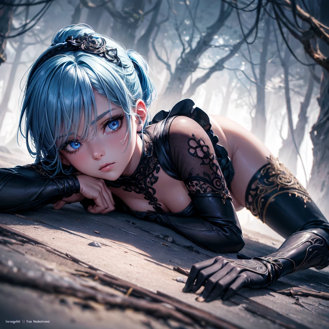 a young girl!, 1girl, light blue short ponytail hair, light blue hair!!!, very small breasts!!, blue eyes, little black tight top, little black tight shorts, full body, full body, lying on ground, ghost forest, incredibly sexy body, detailed face, beautiful detailed eyes, beautiful detailed lips, extremely detailed eyes and face, long eyelashes, intricate details, detailed clothing, intricate details,highly detailed, photo realistic, 8k, best quality, masterpiece, cinematic lighting, dramatic lighting, vibrant colors, fantasy, digital art, concept art