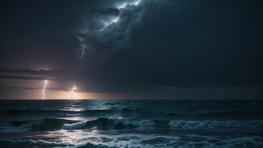 roughest ocean possible in a lightning storm, with the giant moon lighting up the night sky