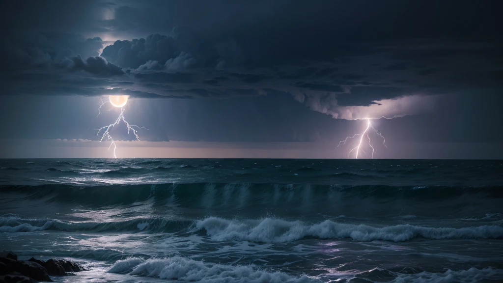 roughest ocean possible in a lightning storm, with the giant moon lighting up the night sky