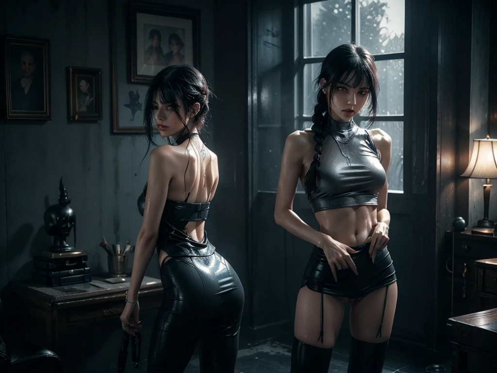 braided ponytails, ((short skirt)) (((Slutty skintight cybernetic slutty outfit))), ((slutty braided hair)), ((She is in your bedroom, slutty )), Perfect back view of her tight butt, full body picture, she is a seductive slut, Perfect proportions, she has a perfect Ass... she wants to put your tiny shrunken body deep inside of her pussy, short hair with bangs and ponytails, beautiful horror, domination, death by pussy insertion, skinny sexy and slutty woman, she needs to have your tiny shrunken body deep inside of her pussy.... she wants you to choke inside of her pussy, she is the embodiment of sexual domination and lust, she is perfect, you are her prey, you are about to die inside of her pussy, small tight ass, giantess domination, human sex toy, helpless, she is a giantess and she wants to use your tiny shrunken body as a human dildo..., perfect anatomy, perfect arms and hands, better detail on her eyes... make her eyes look scary and beautiful, perfect sexy and slutty athletic body, perky nipples, wet, white cum, perfect tight butt, black hair, perfect legs and thighs, tight wet pussy, white dripping cum, ((Perfect eyes and face)), ((closed wet full lips)), ((perfect hands and fingers)), ((( a lot of white cum is dripping out of her pussy))), ((she has a very skinny and toned strong body)), ((makeup)), ((freckles)), ((perfect eyebrows)), ((sharper edges)), ((perfect scary grey eyes)), perfect face, slut, sadistic, predatory, better detail on her skin, perfect face and strong jawline, perfect full wet lips, sadistic atmosphere, wet sweaty skin, beautiful intimidating grey eyes, ((beautiful horror)), better lighting, more toned muscles, perfect detail on her intimidating eyes, very tight underwear, ((tight pussy)), (((tighter clothing))), slutty, intense, perfect detail, ((piercings)), better detail on her bellybutton, skinny, skinny and strong, more skin showing, intense, slutty, freckles, long skinny perfect legs, scary and intense, super slutty