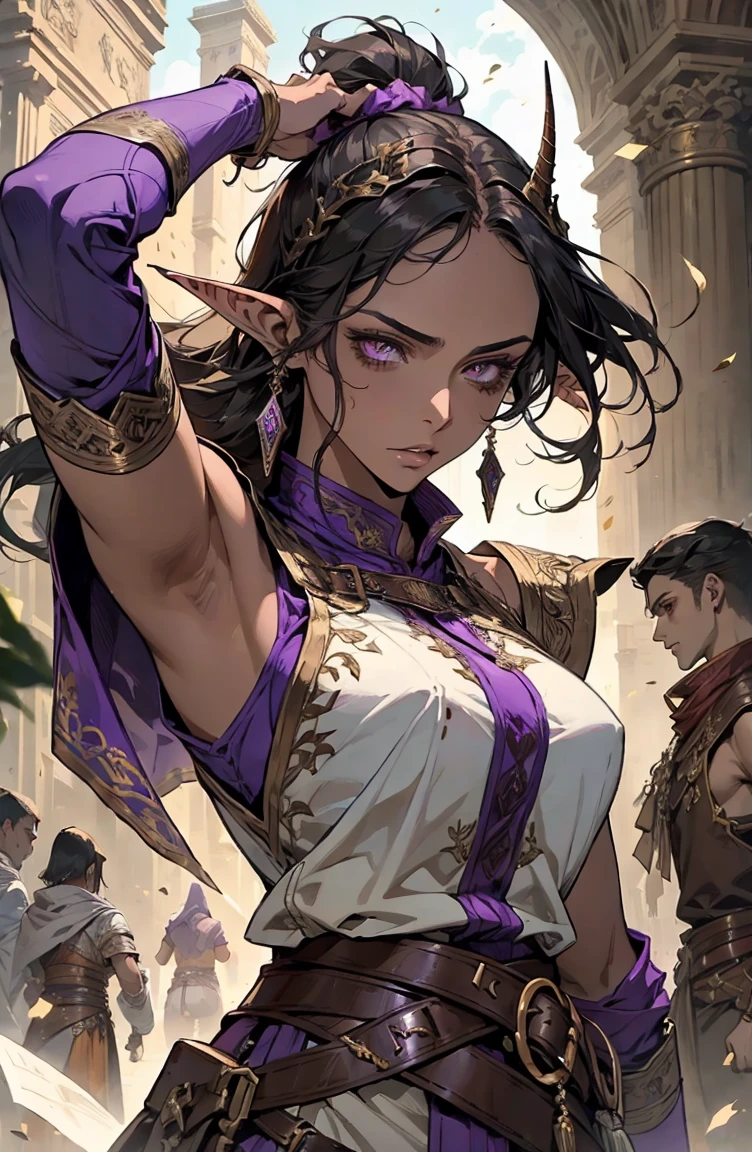 brown skin, older woman, sexy, tall, brown skin, one wing, black hair, elf, elf ears, horns, sleeveless, warrior, sword, purple, dramatic composition