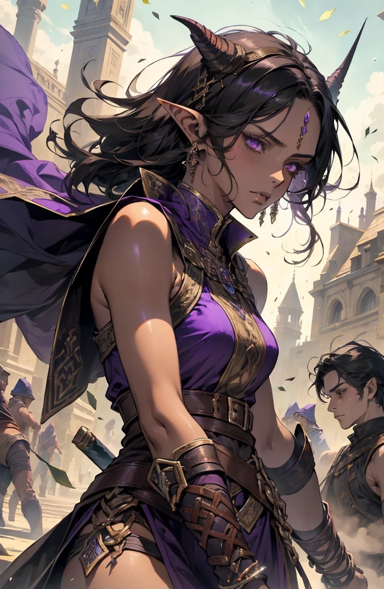 brown skin, older woman, sexy, tall, brown skin, one wing, black hair, elf, elf ears, horns, sleeveless, warrior, sword, purple, dramatic composition